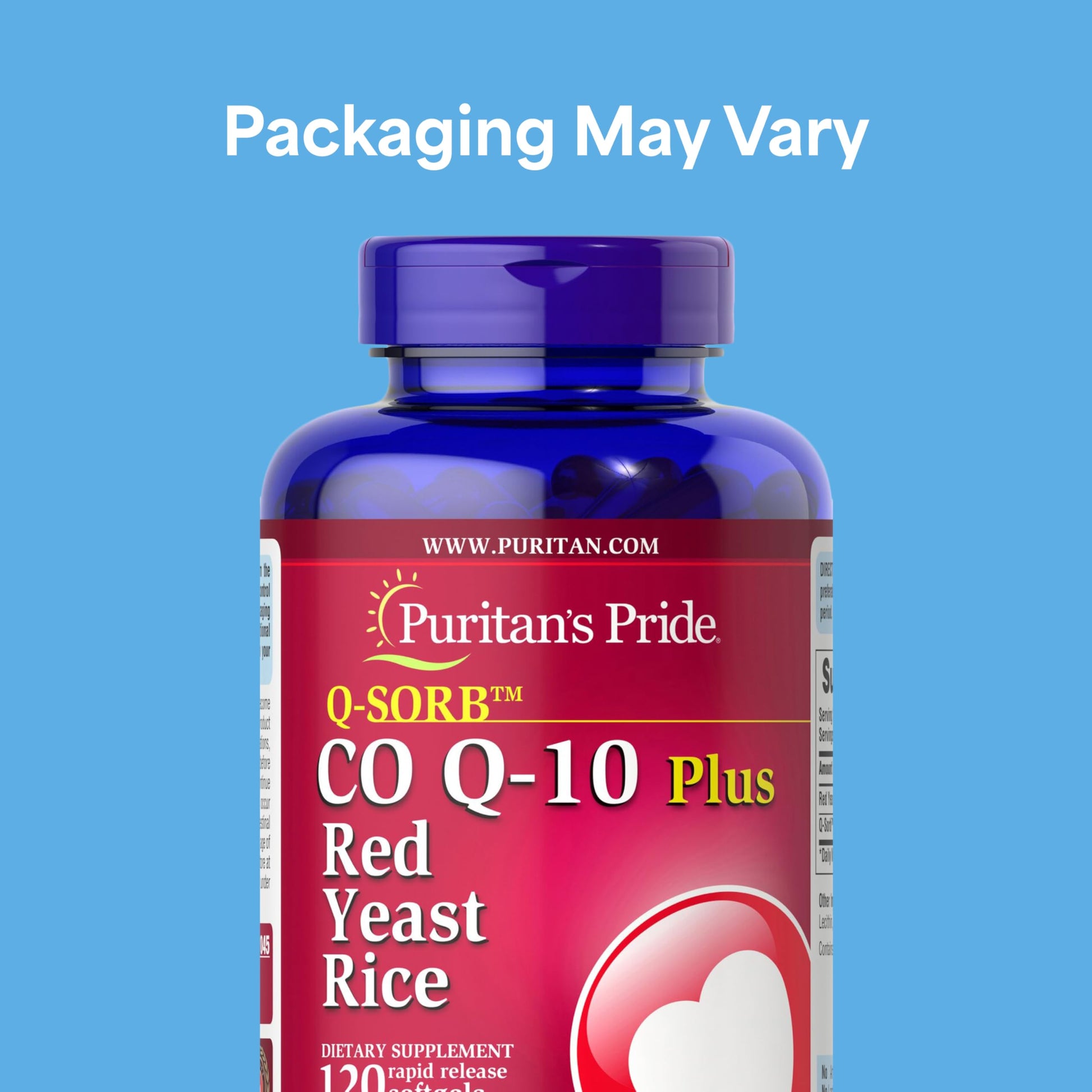 Puritan's Pride Coenzyme Q10 and red yeast rice dietary supplement label showing nutritional facts and dosage instructions
