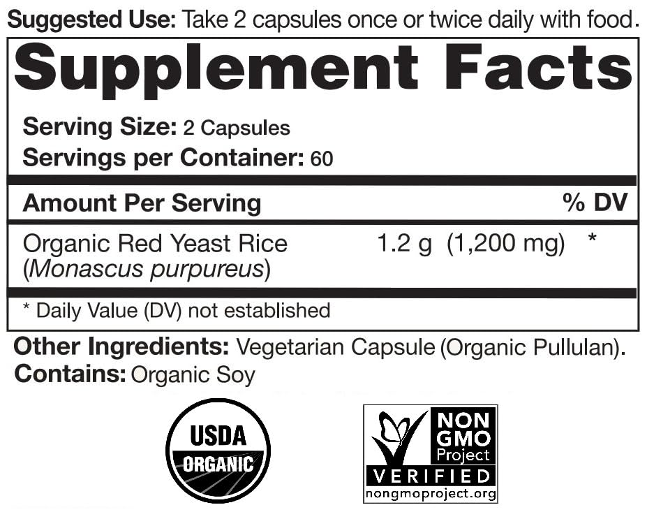 Natural Choice Botanicals Certified Organic Red Yeast Rice supplement facts label
