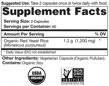 Natural Choice Botanicals Certified Organic Red Yeast Rice supplement facts label