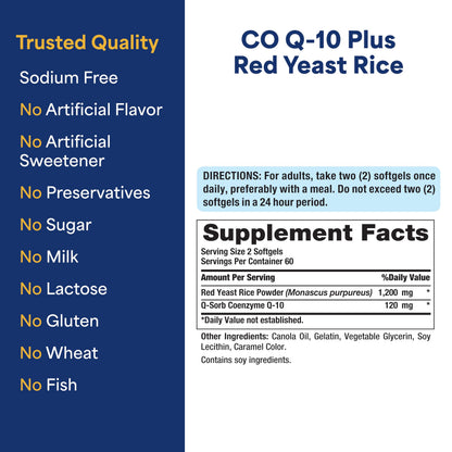 Puritan's Pride Q-Sorb CoQ10 Plus Red Yeast Rice supplement bottle angled view showing capsule count