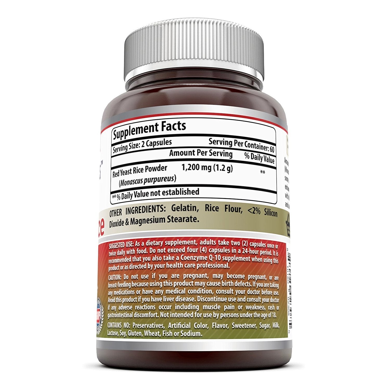 Amazing Formulas Red Yeast Rice 1200mg supplement facts side panel view showing ingredients and directions