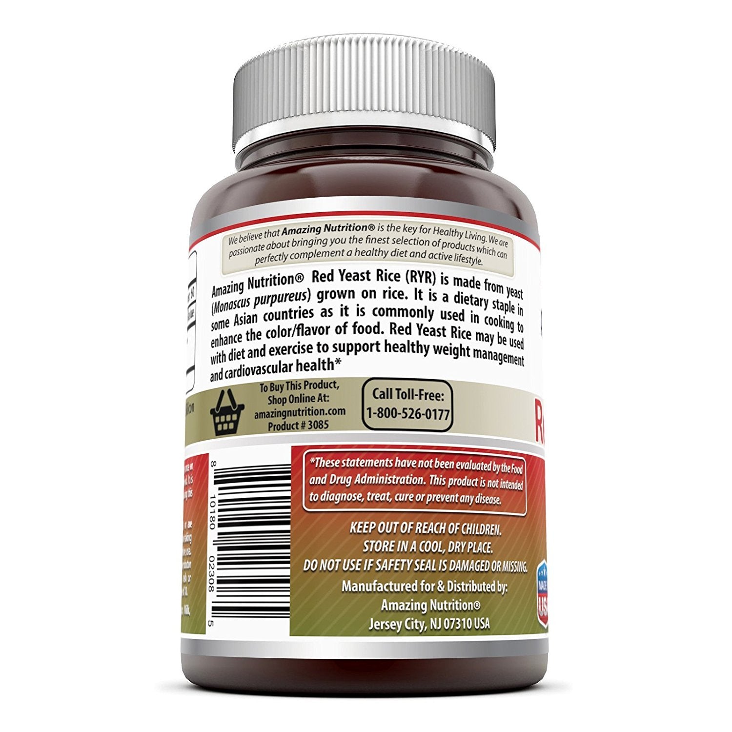 Amazing Nutrition Red Yeast Rice 1200mg 120 Capsules bottle placement highlighting non-GMO and gluten-free seals