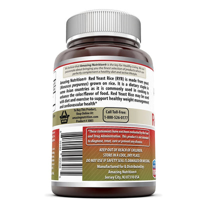 Amazing Nutrition Red Yeast Rice 1200mg 120 Capsules bottle placement highlighting non-GMO and gluten-free seals