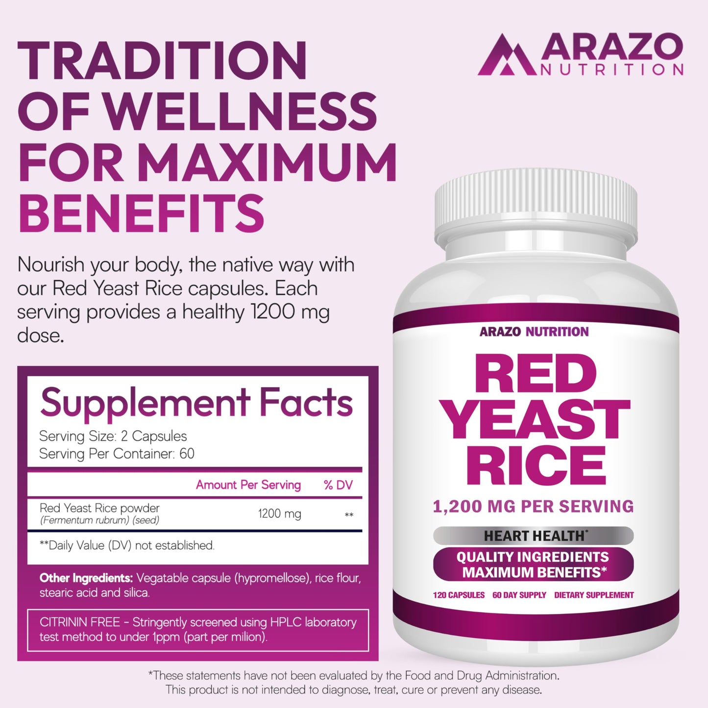 Arazo Nutrition Red Yeast Rice 1200 Milligrams supplement label details side view