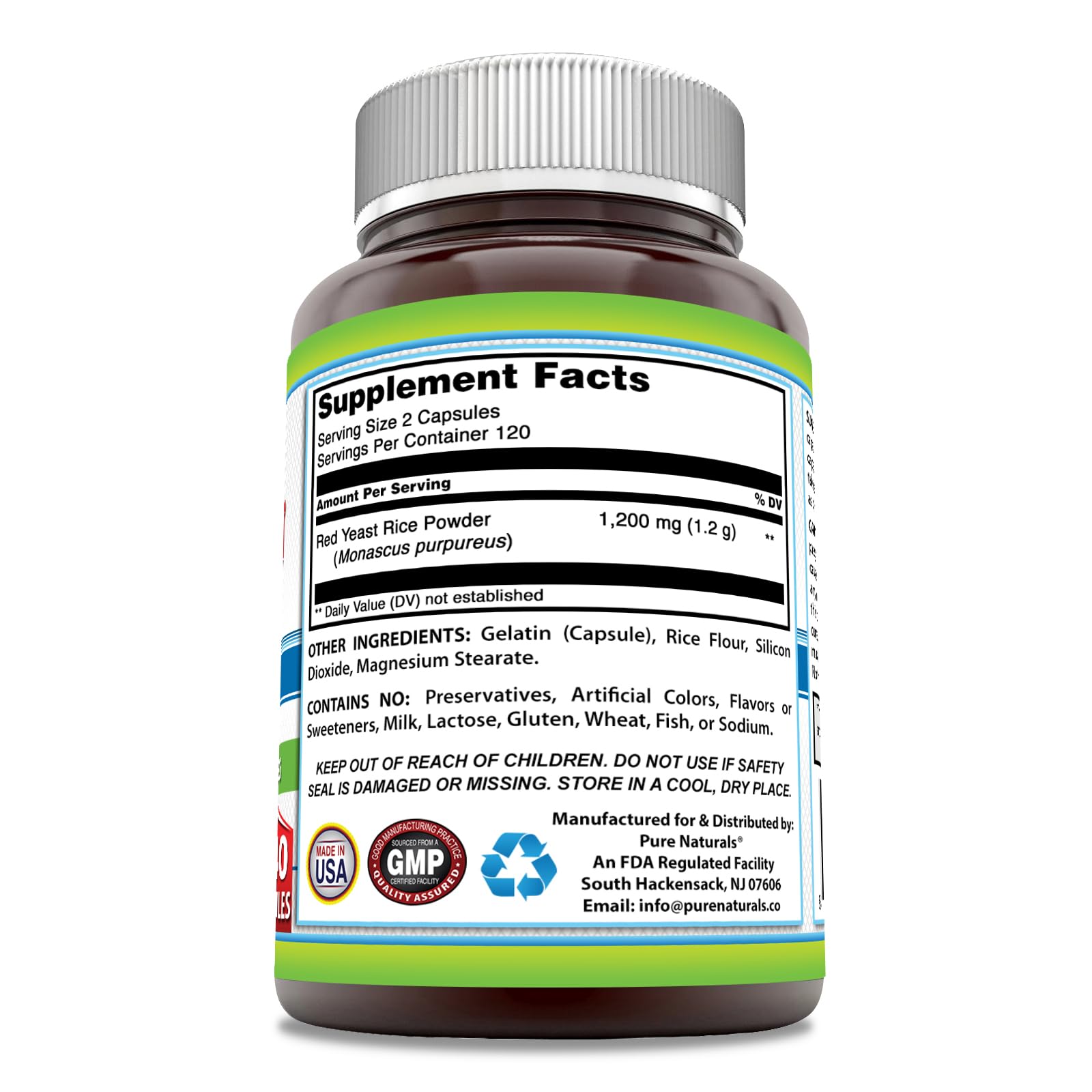 Pure Naturals red yeast rice 240 capsules premium USA imported dietary supplement label details