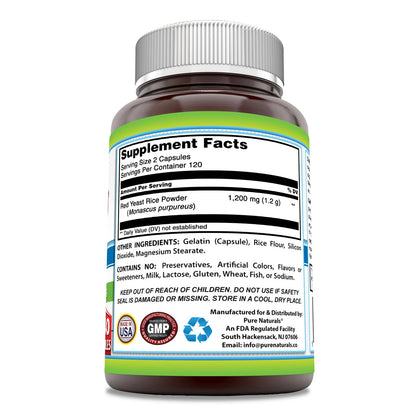 Pure Naturals red yeast rice 240 capsules premium USA imported dietary supplement label details