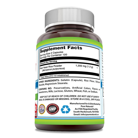 Pure Naturals red yeast rice 240 capsules premium USA imported dietary supplement label details