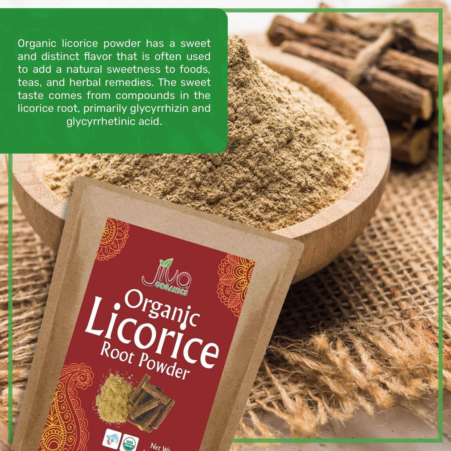 Jiva Organics licorice powder resealable kraft bag packaging