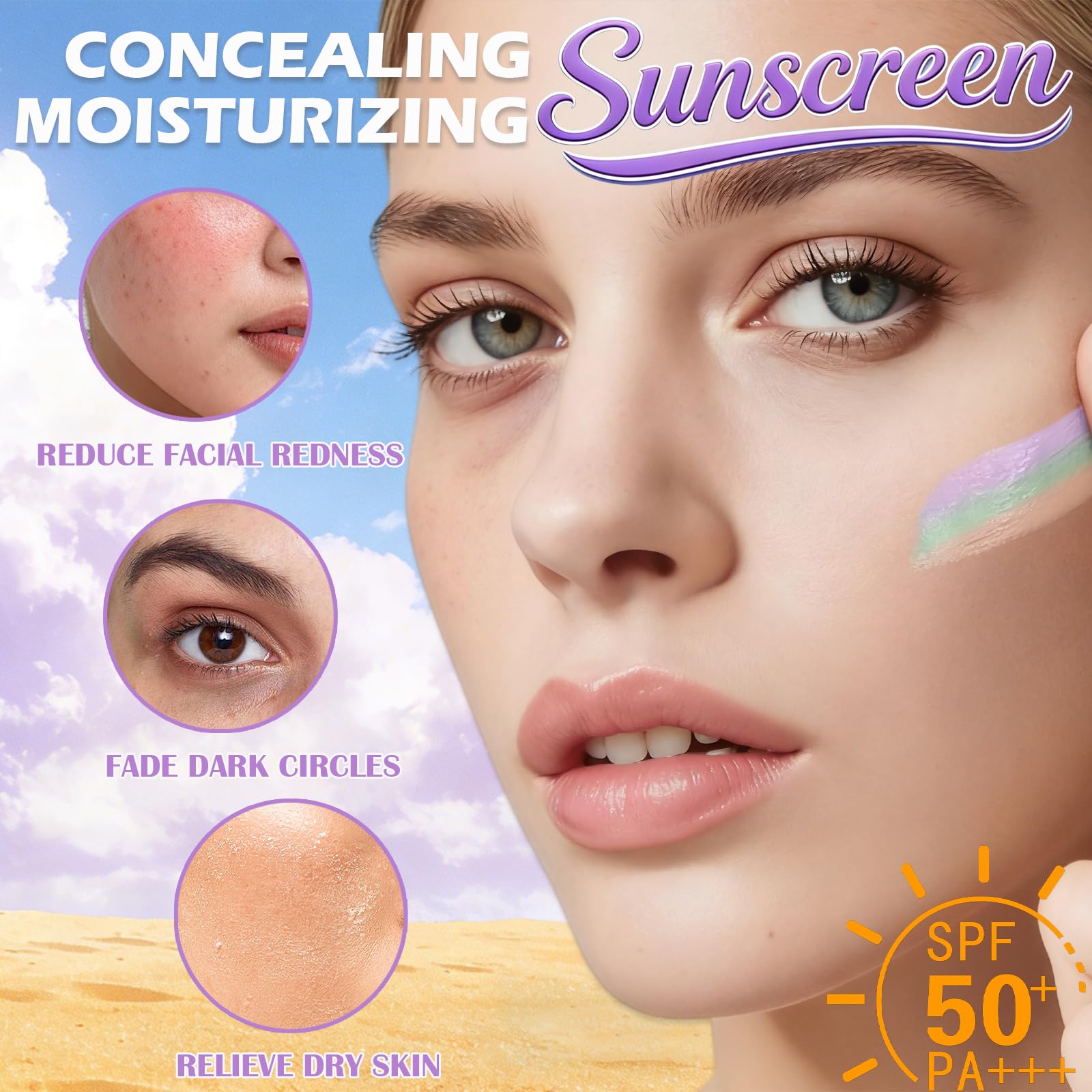 One step color corrector primer texture dollop displaying green lavender and pink brightening pigments