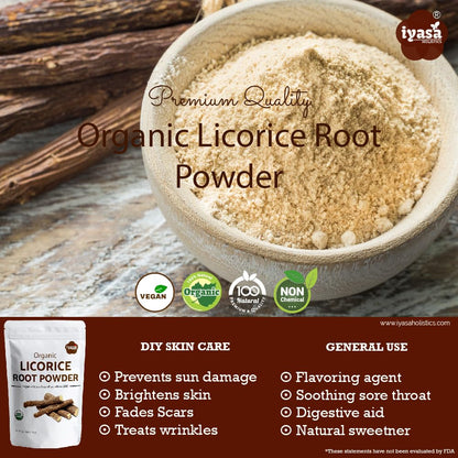 Back of Iyasa Holistics Licorice Root powder packaging with USDA organic seal