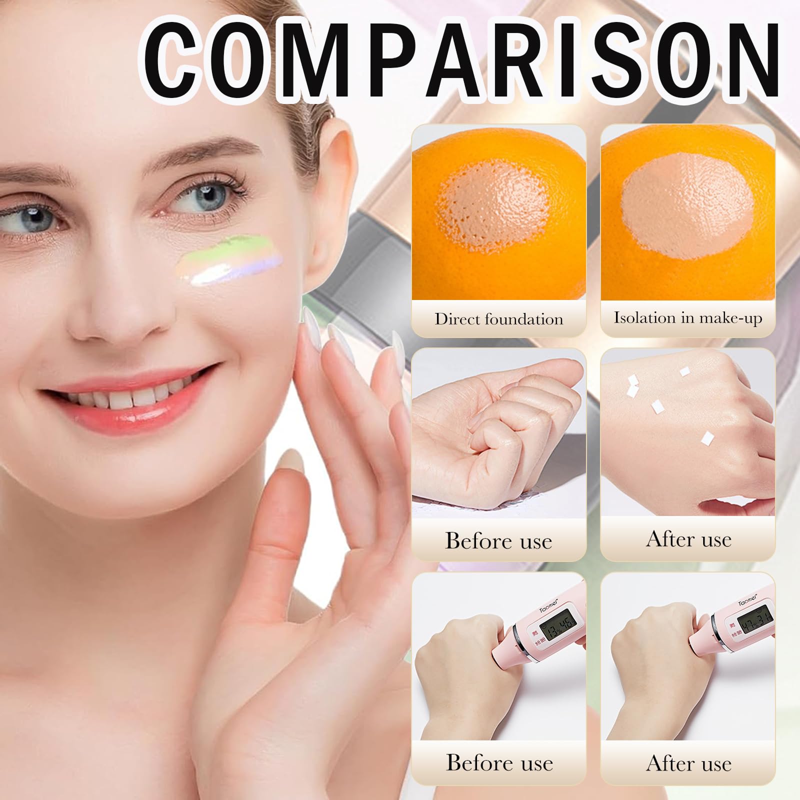 Before and after comparison using the Zyranovae SPF 50 skin tone correcting makeup base