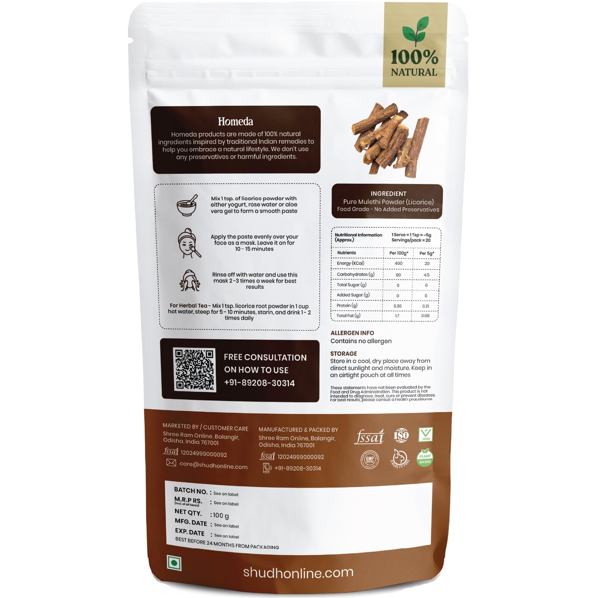 Close up of natural texture of Homeda Mulethi powder for skin care