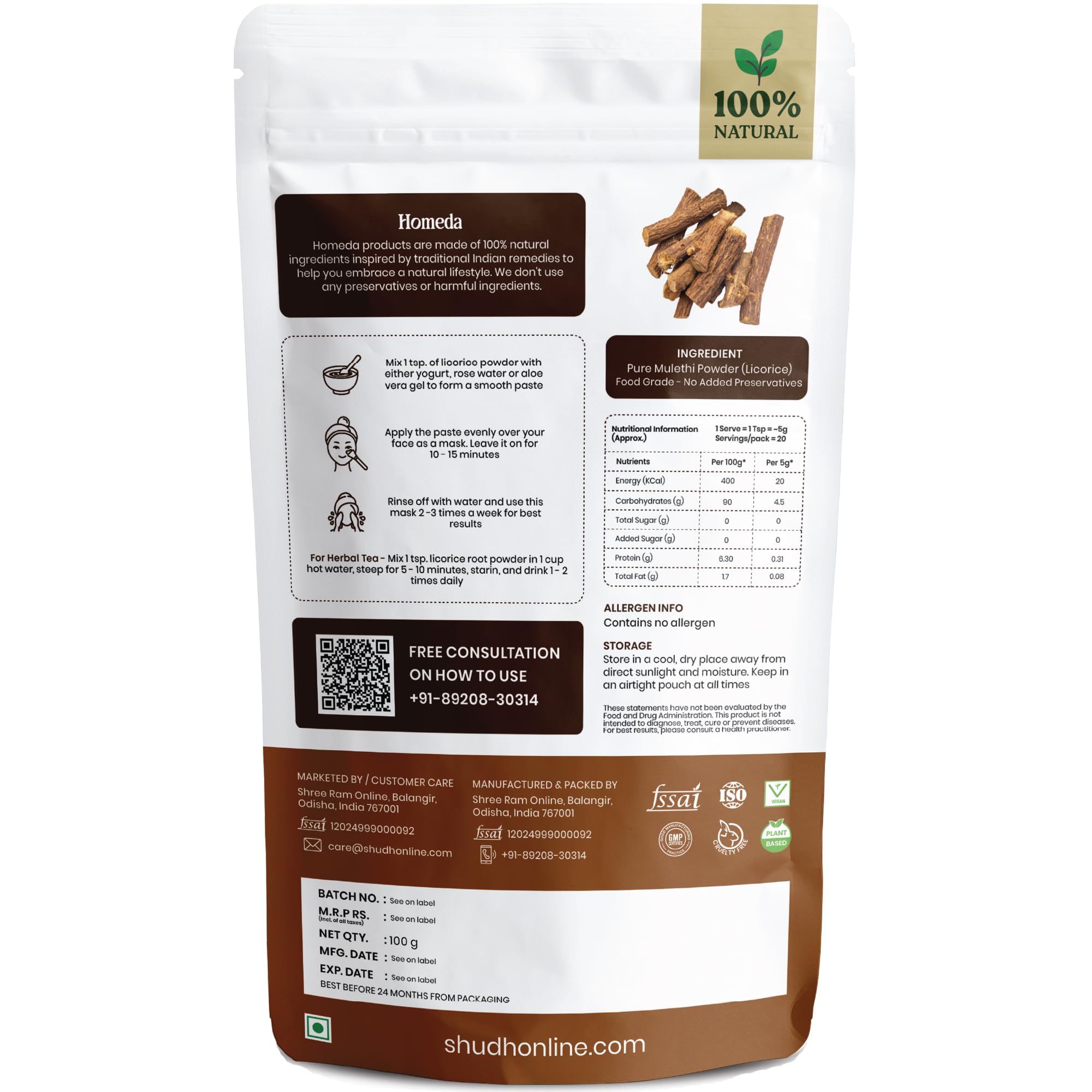 Close up of natural texture of Homeda Mulethi powder for skin care