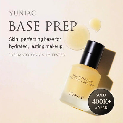 YUNJAC Skin Perfecting Protective Base Prep liquid texture on fingertips