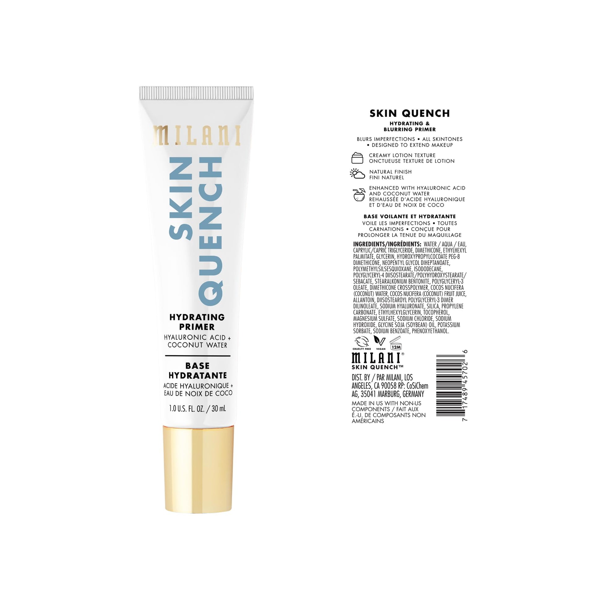 Milani face primer bottle texture and creamy lotion consistency