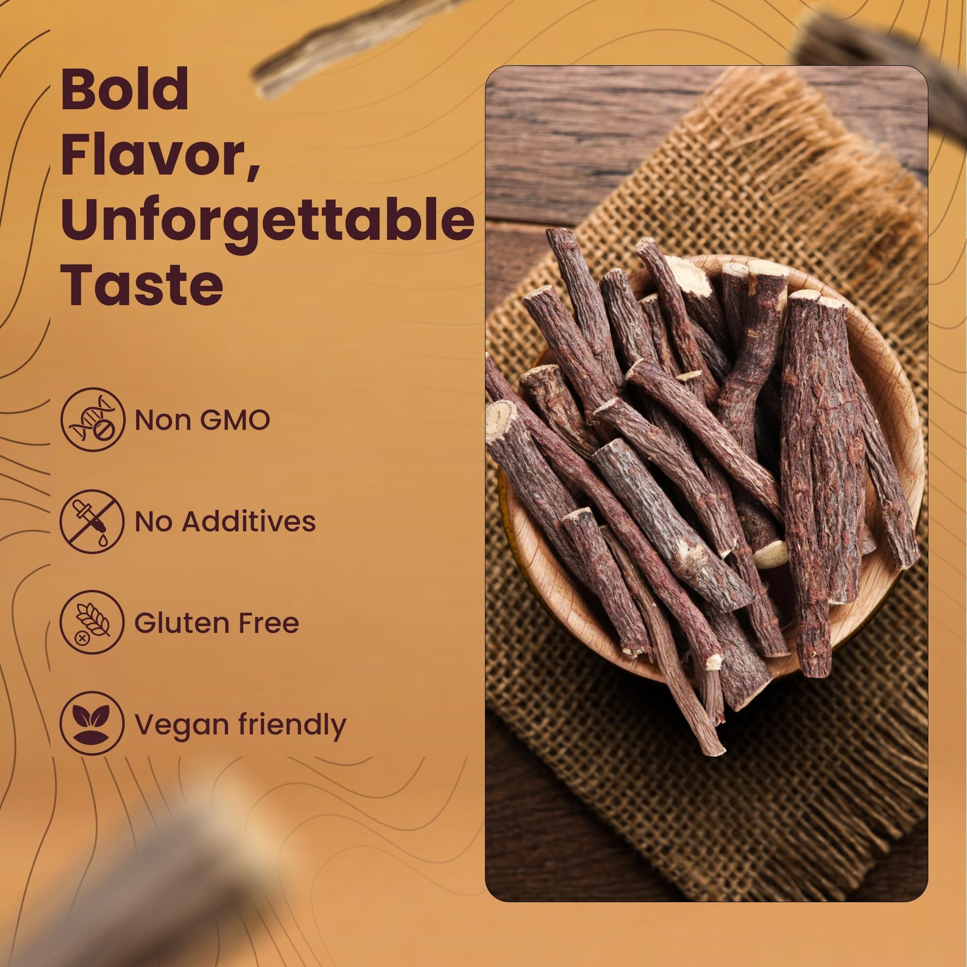Ramaroma Mulethi root sticks displayed in a wooden bowl for culinary use.
