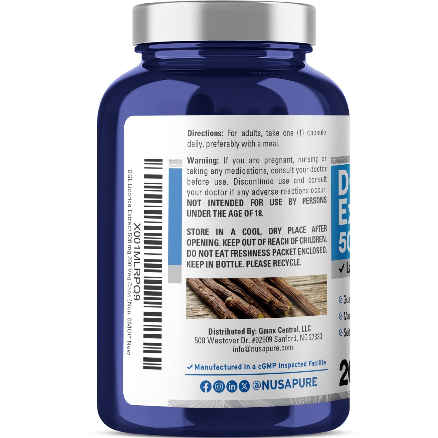 NusaPure DGL Licorice Extract dietary supplement bottle side view