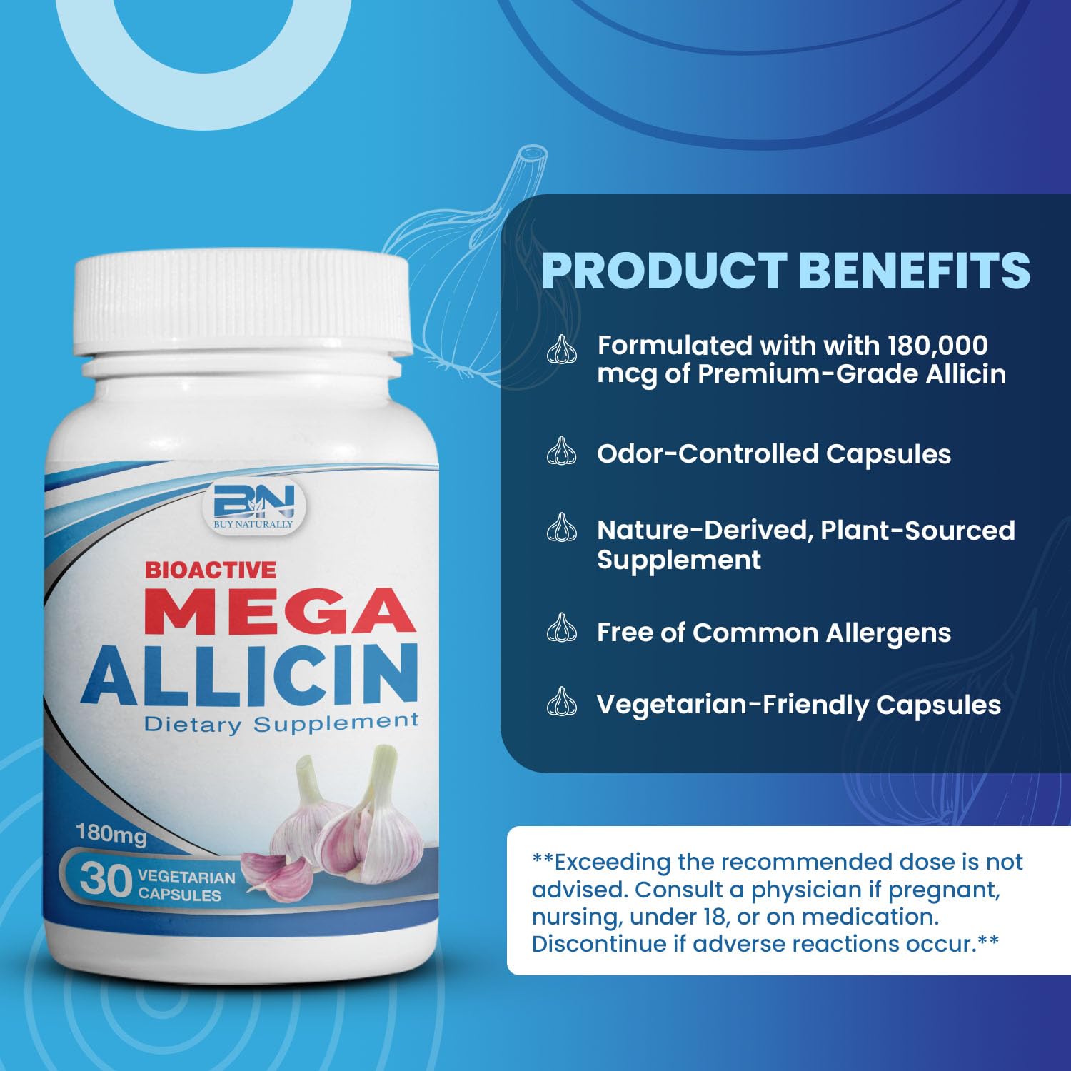 BuyNaturally stabilized allicin garlic capsules nutritional supplement facts label close up.