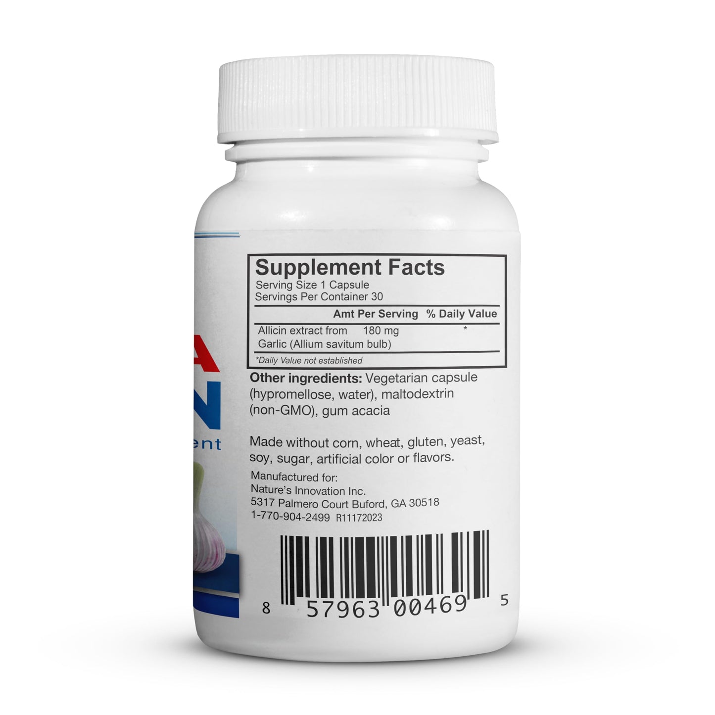 Authentic BuyNaturally garlic bulb extract nutritional dietary supplement packaging details.