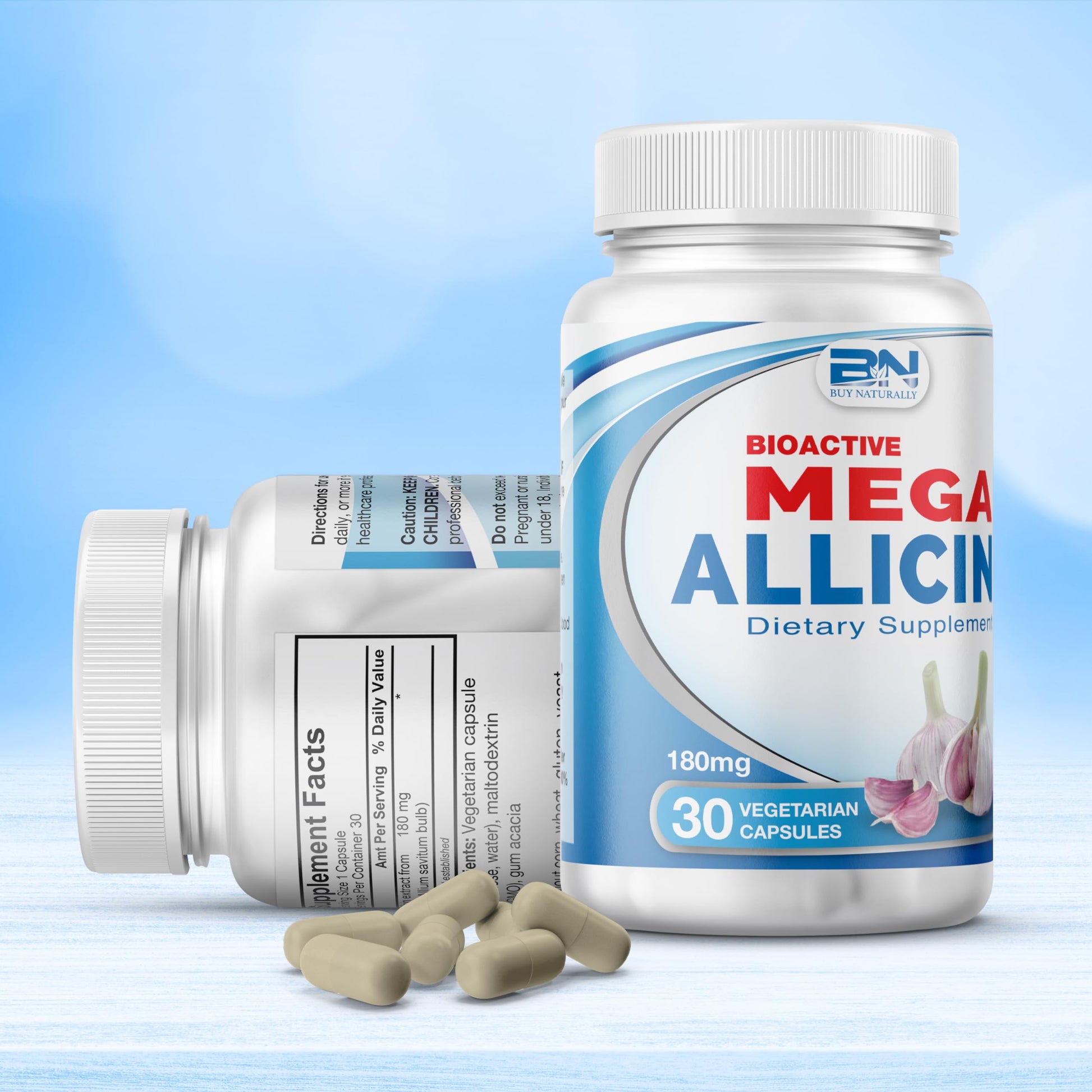 Gluten free and vegan friendly stabilized allicin 180000mcg capsules for gut health.