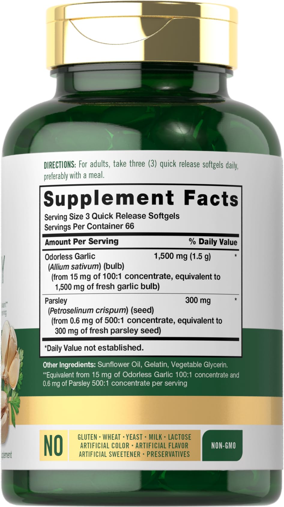 Close up of Carlyle 1800mg garlic and parsley quick release softgels showing capsule texture.