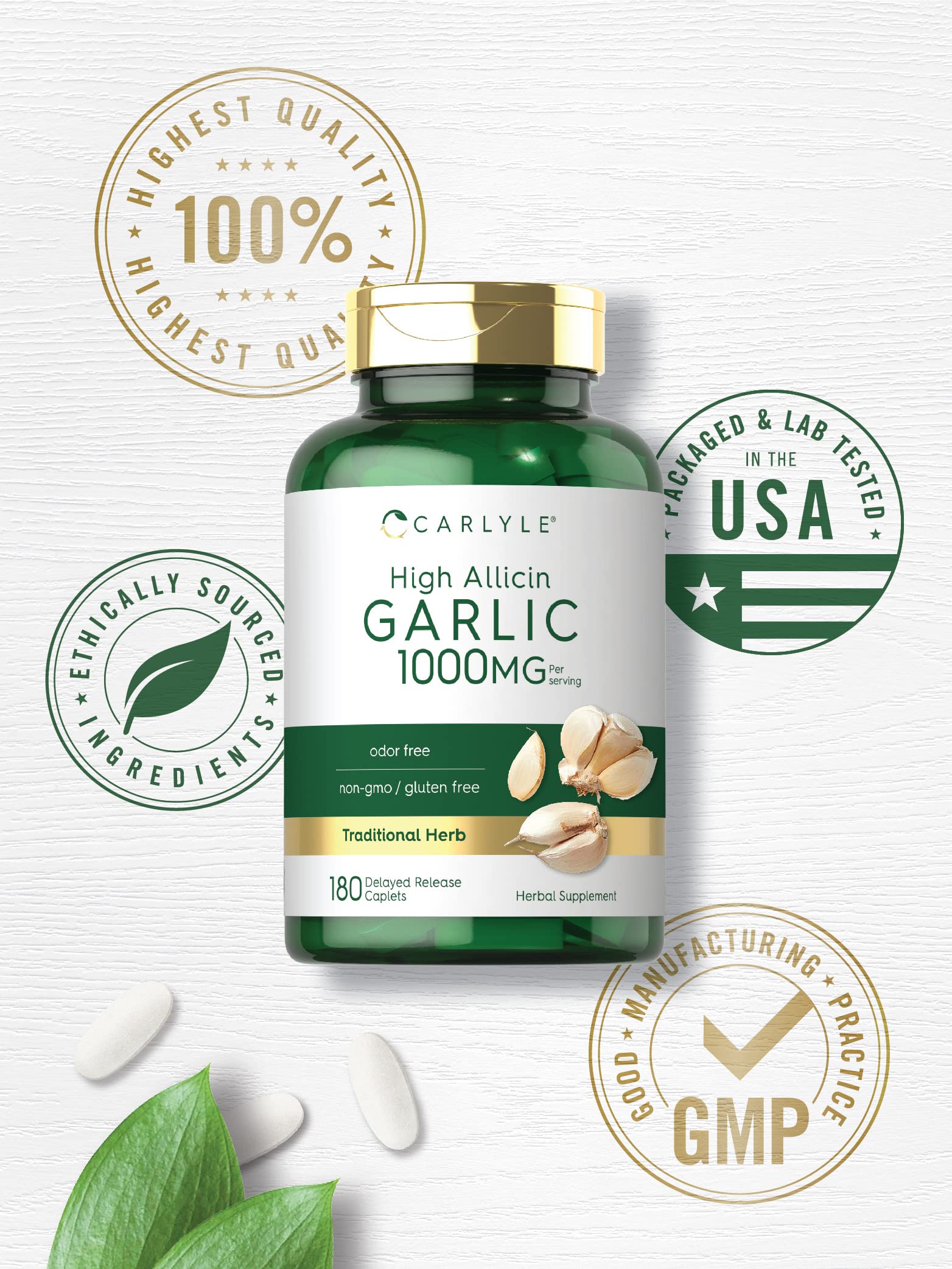 Delayed release deodorized garlic extract 180 count bottle for zero bad breath
