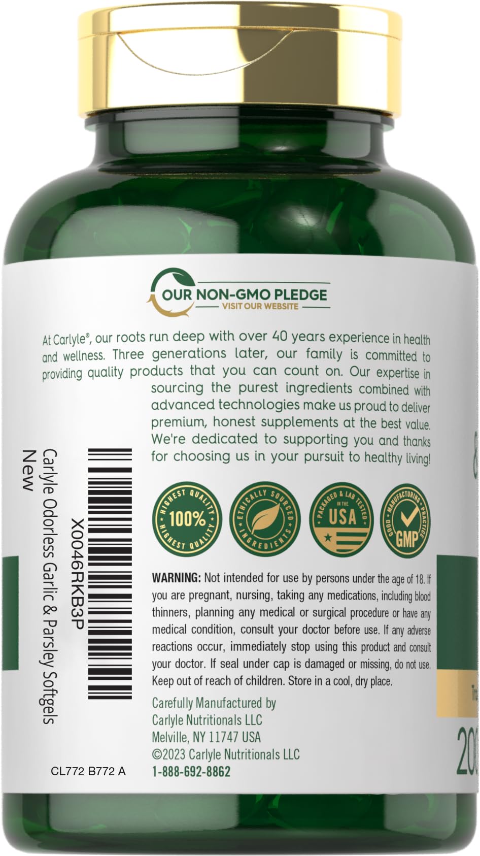 Supplement facts label on the back of Carlyle odorless garlic and parsley 200 softgels bottle.