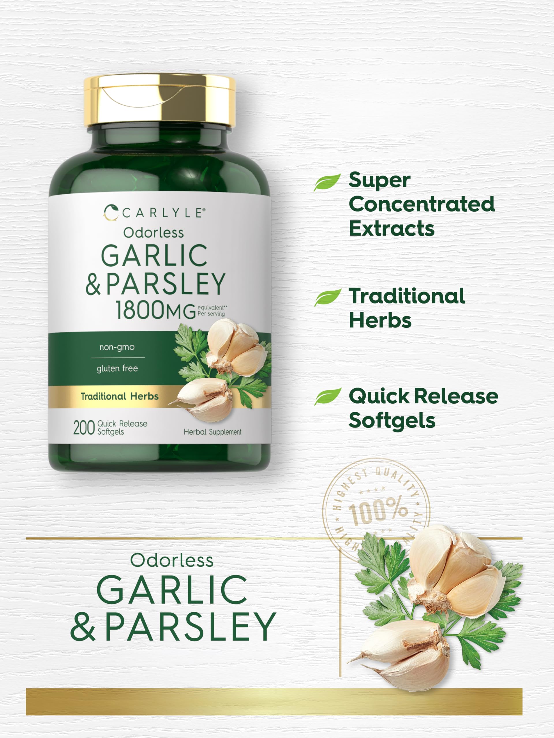 Authentic USA imported Carlyle garlic and parsley non-GMO supplement bottle sitting upright.