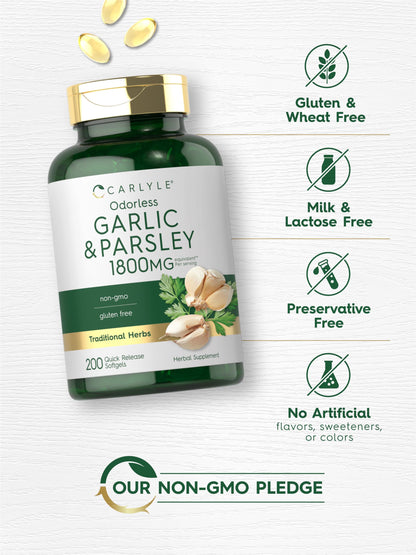 Gluten free Carlyle odorless garlic pills container highlighting clean herbal ingredients.