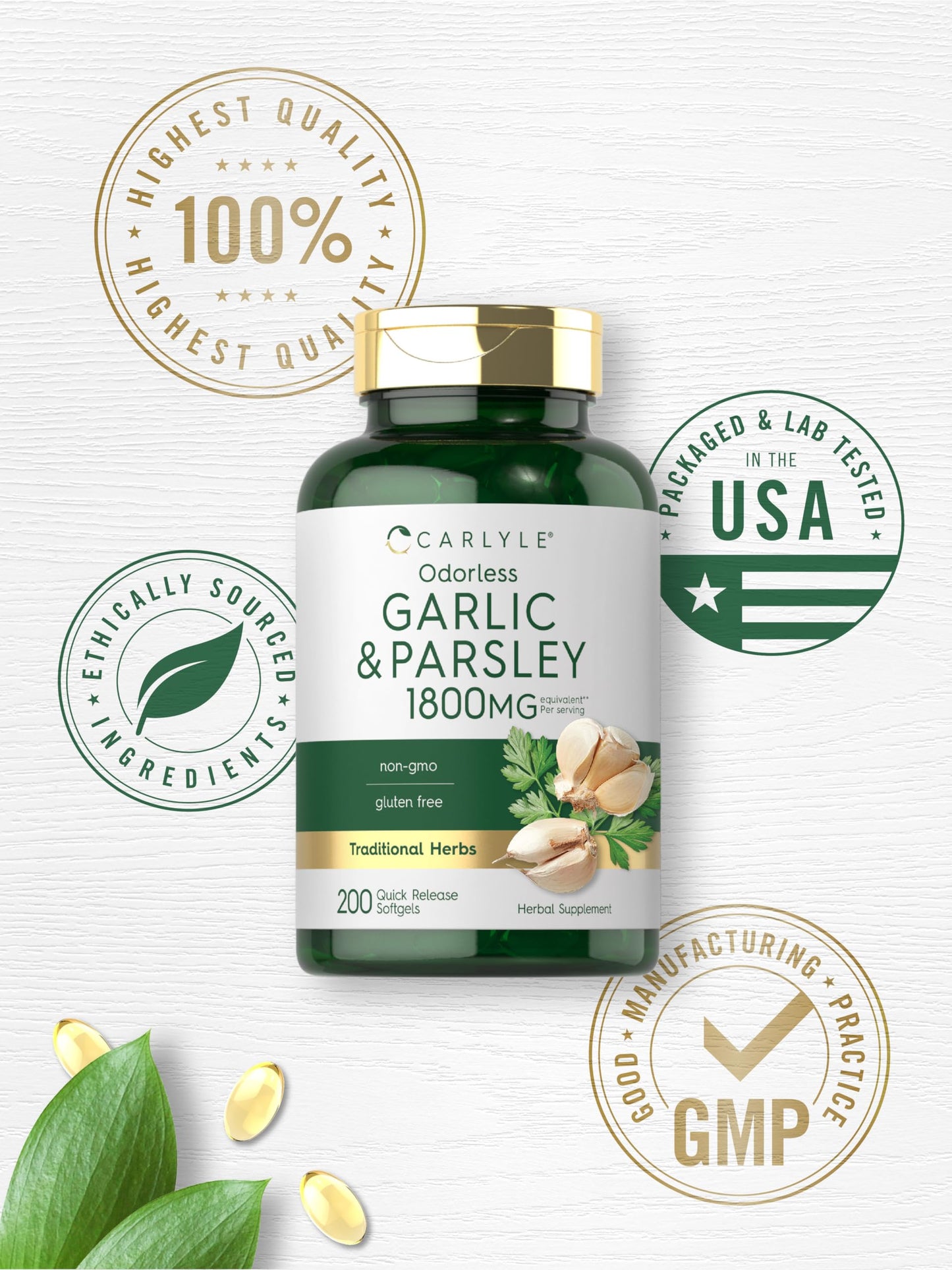 Carlyle garlic and parsley 200 softgels container demonstrating safety seal and quality testing packaging.