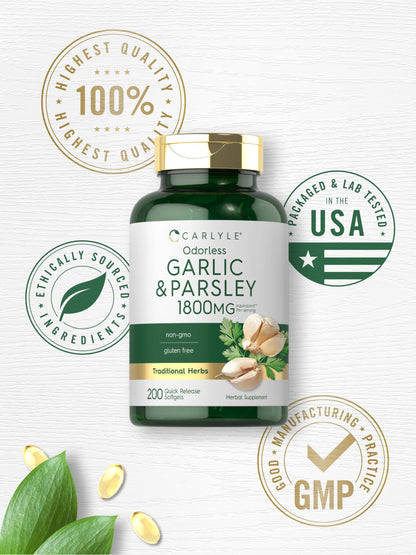 Carlyle garlic and parsley 200 softgels container demonstrating safety seal and quality testing packaging.