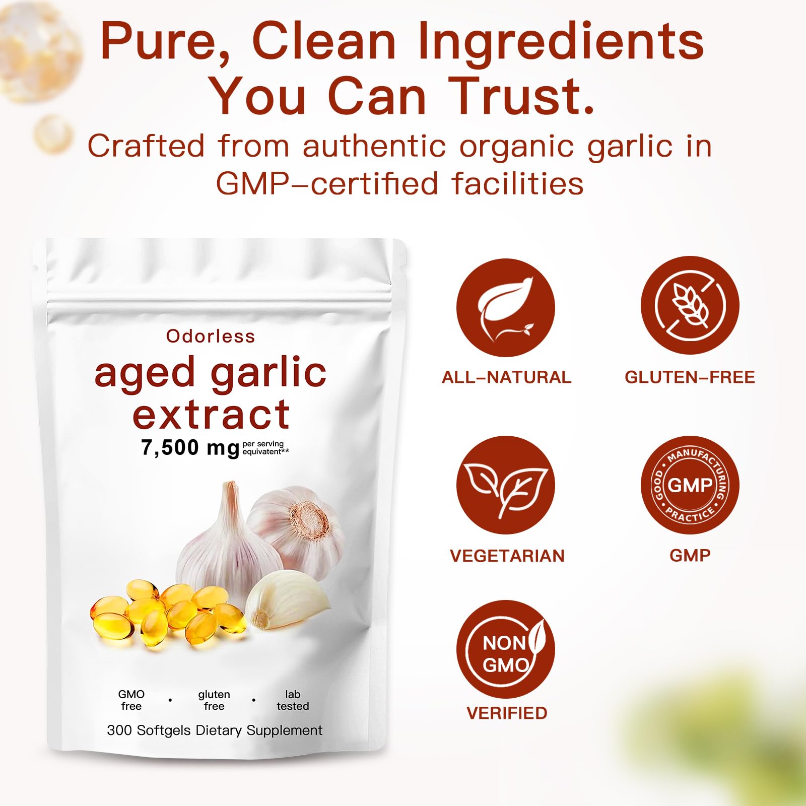 High potency 15:1 concentration garlic bulb extract softgels showing odorless formula features