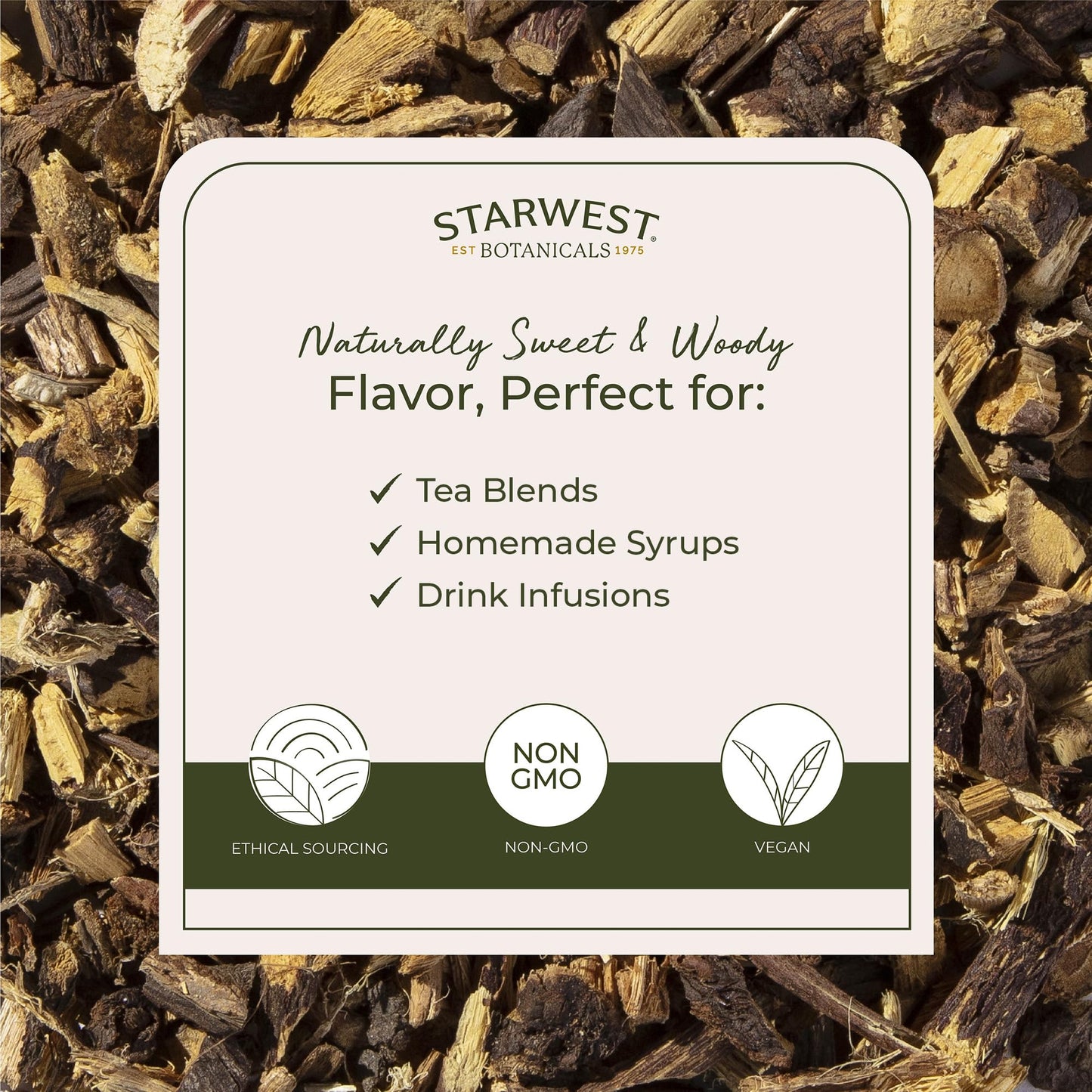 Back of Starwest Botanicals herbal tea ingredient packaging