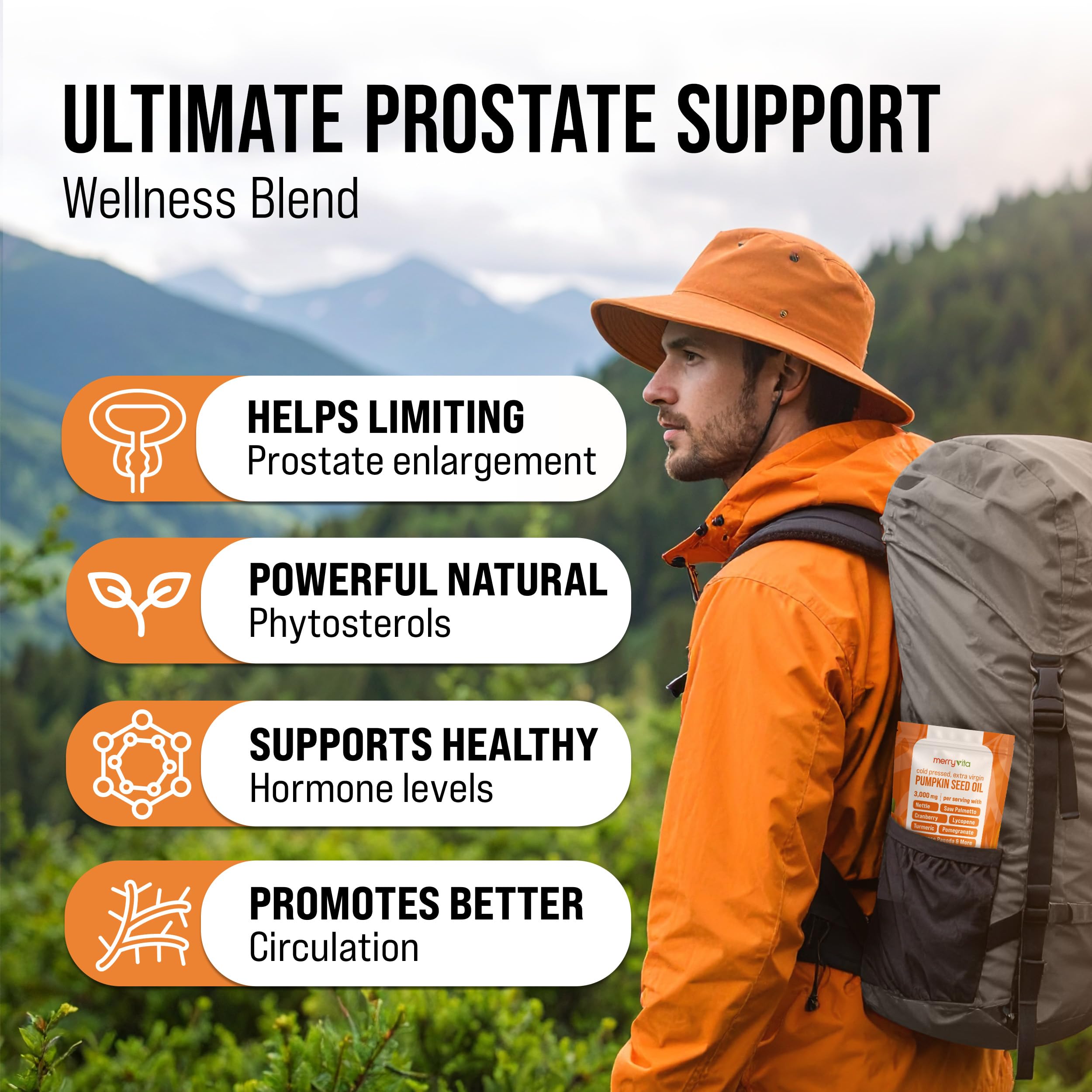 Merry Vita men health formula softgels packaging showing thirteen in one herbal blend.