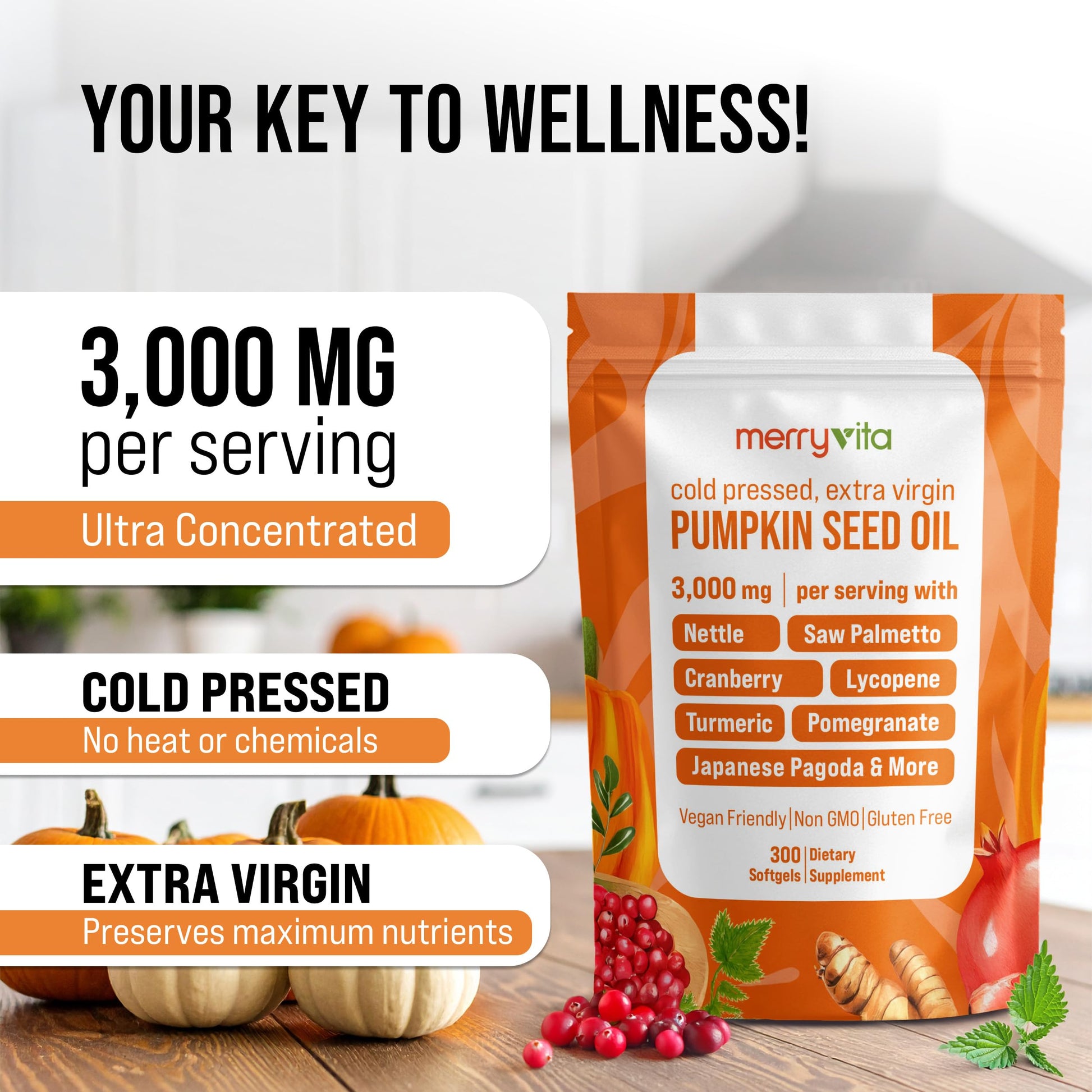 Cold pressed extra virgin pumpkin seed oil softgels for urinary wellness.