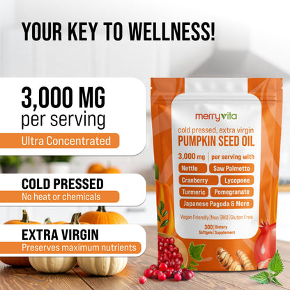 Cold pressed extra virgin pumpkin seed oil softgels for urinary wellness.