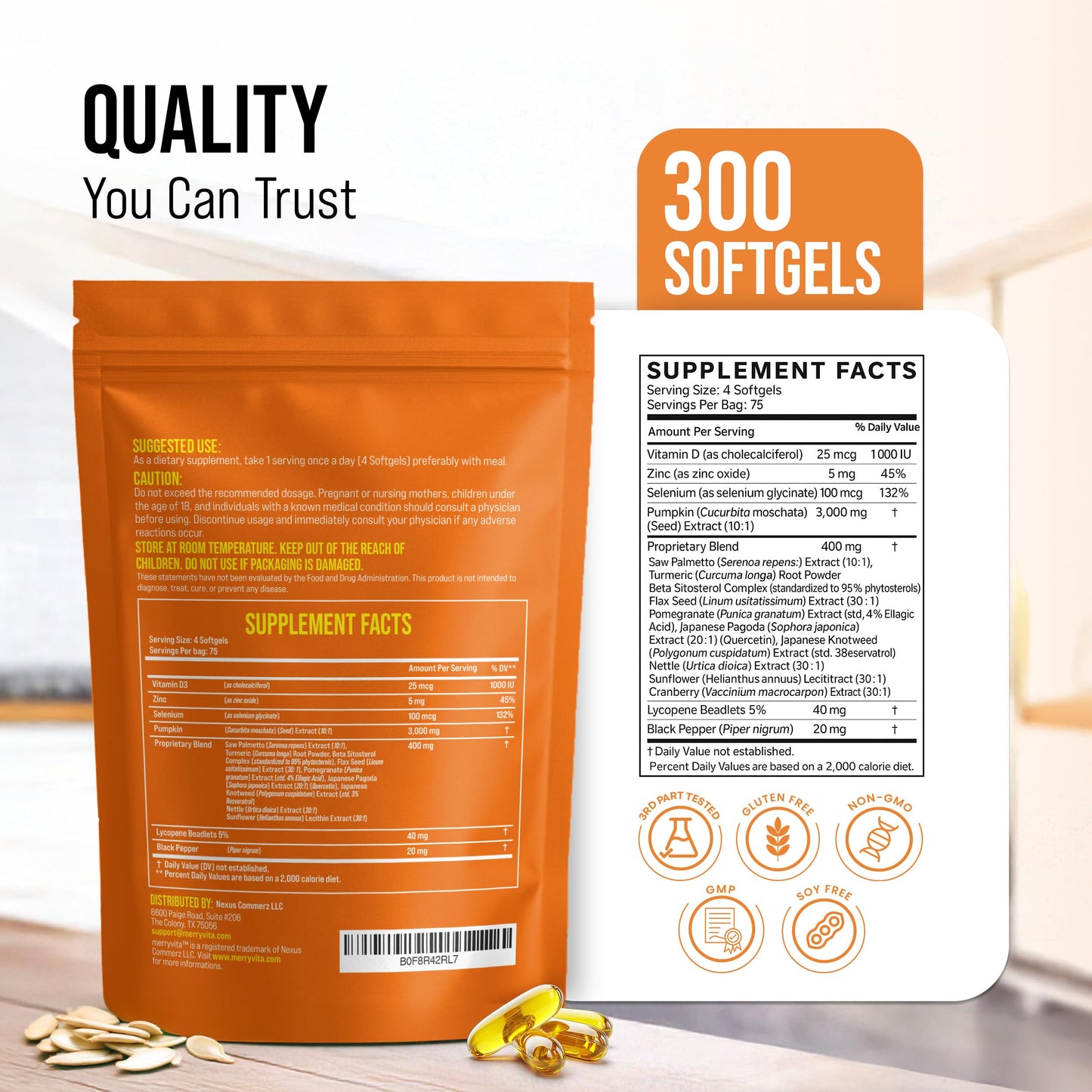Supplement facts label of Merry Vita pumpkin seed oil with saw palmetto and nettle.