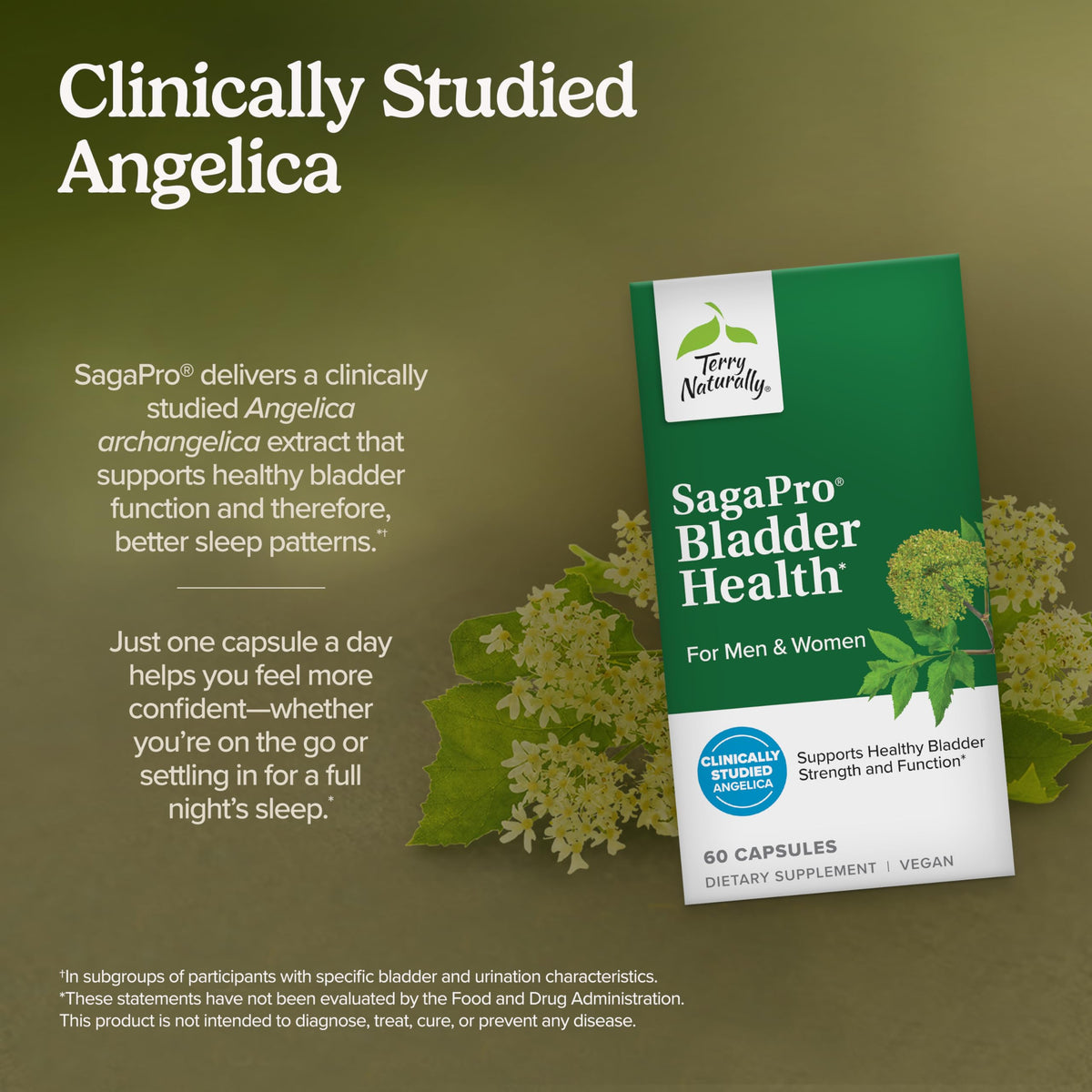 Side view of Terry Naturally SagePro bladder control capsules showing vegan and non-GMO labels.