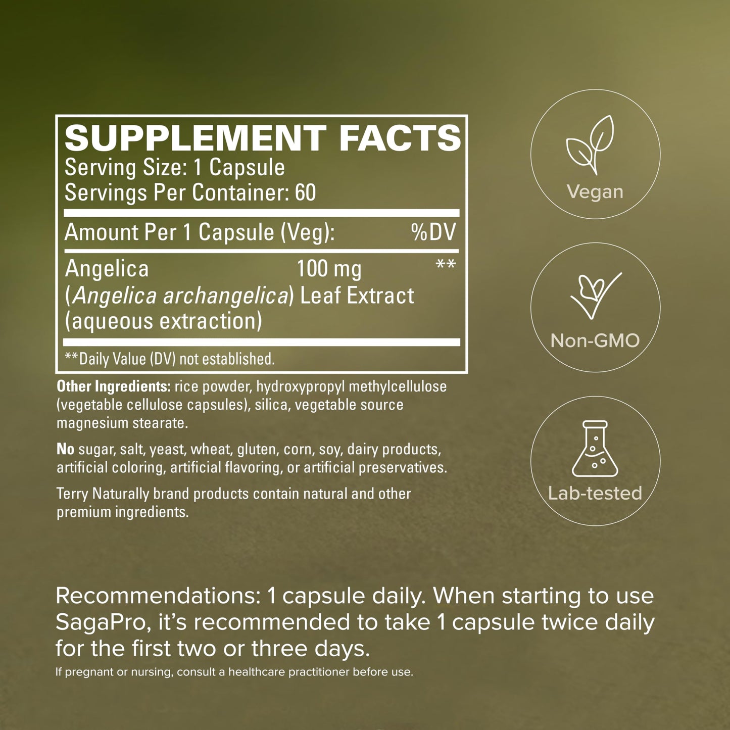 Supplement facts and ingredients label on the back of Terry Naturally SagePro bottle.