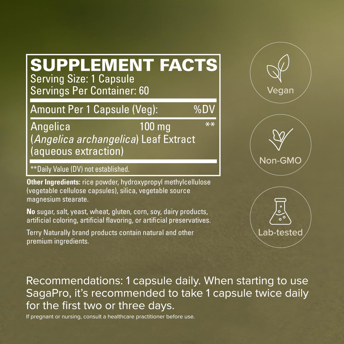 Supplement facts and ingredients label on the back of Terry Naturally SagePro bottle.