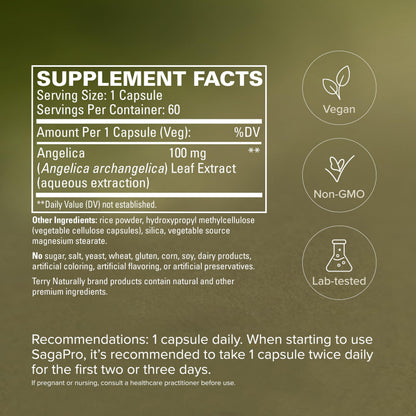 Supplement facts and ingredients label on the back of Terry Naturally SagePro bottle.