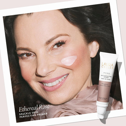 Close up of Laura Geller Ethereal Rose Glow primer pump dispenser