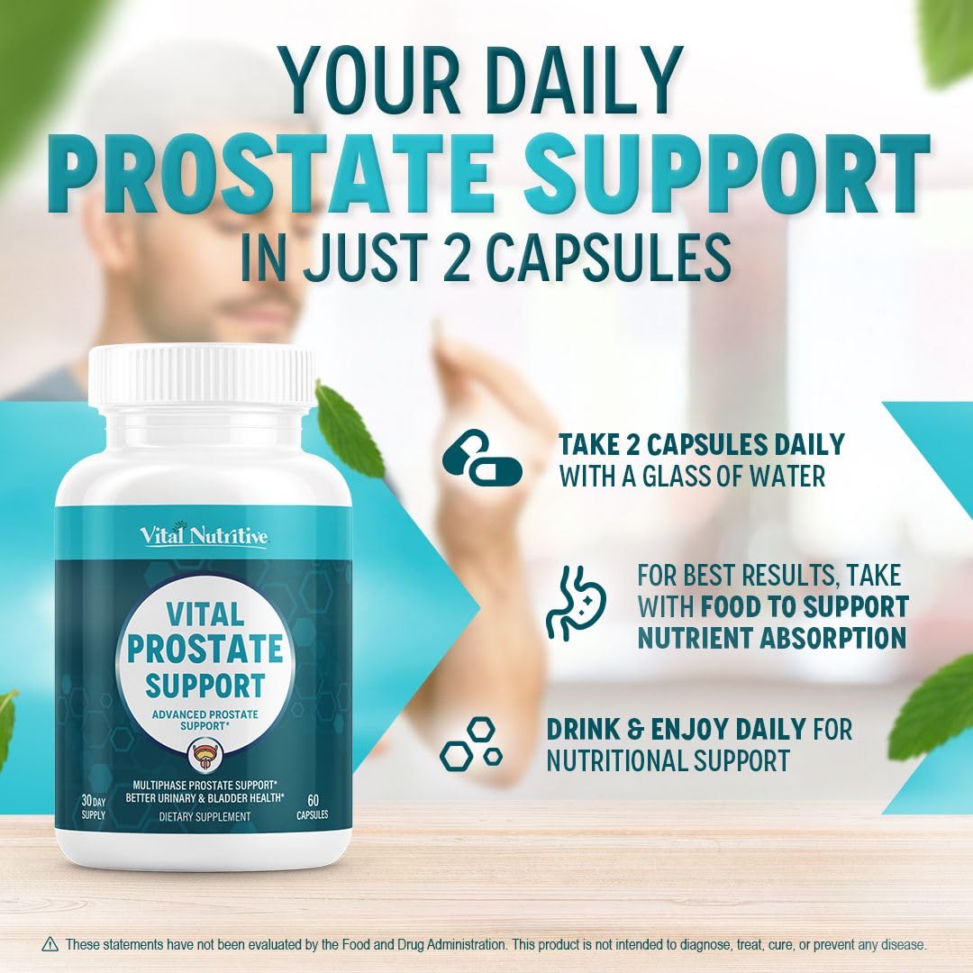 Authentic imported Vital Nutritive Prostate Support capsules on an e-commerce display background