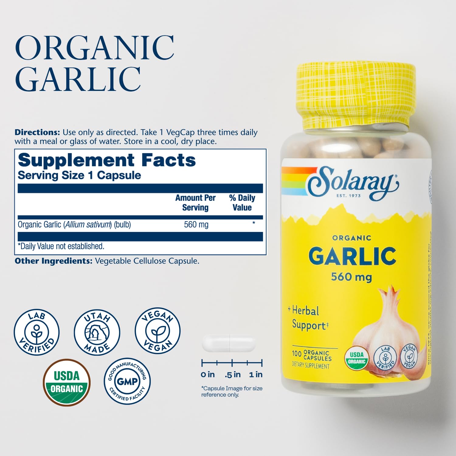 Solaray Organic Garlic supplement facts label showcasing five hundred sixty milligrams potency