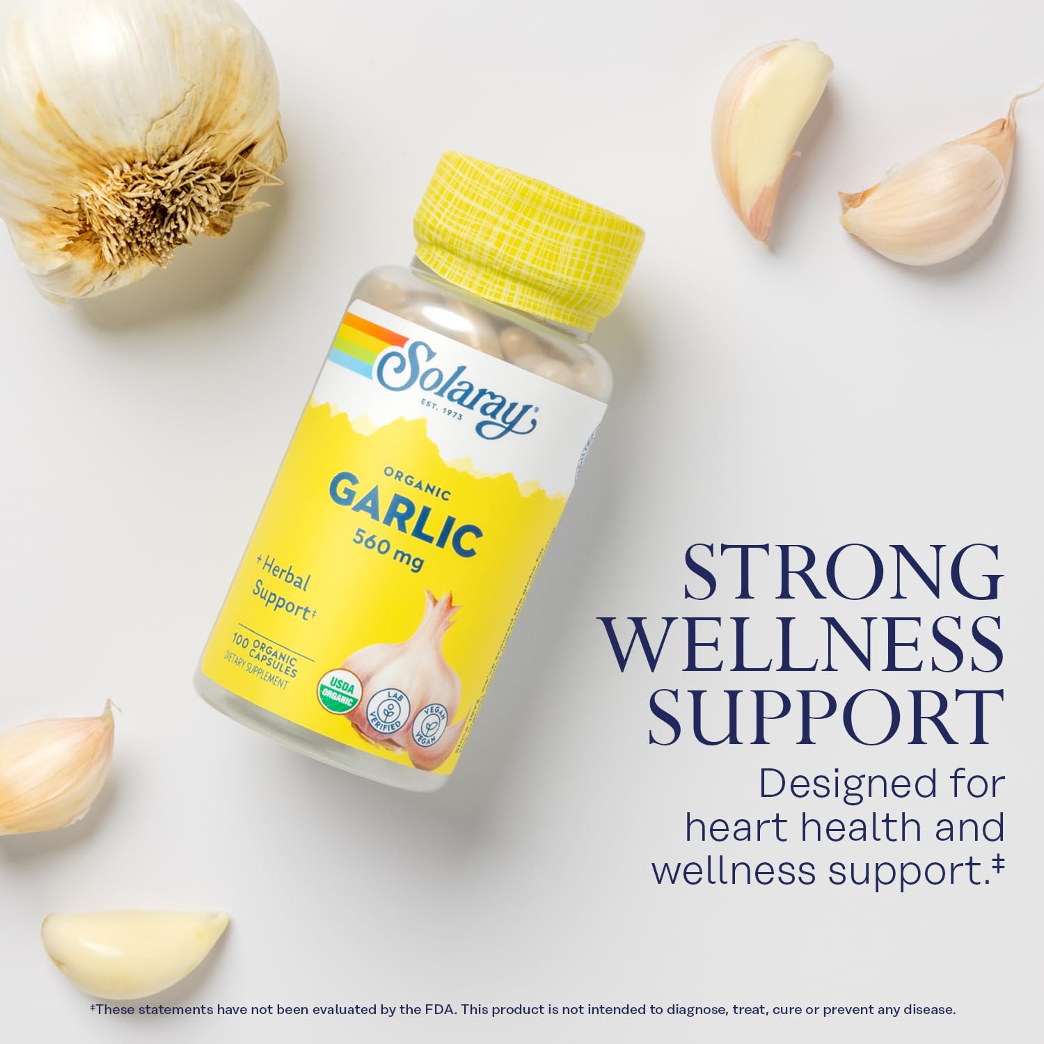 Solaray Organic Garlic capsules bottle angled view displaying USDA organic certification