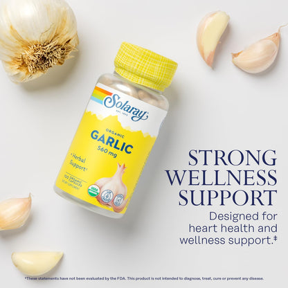 Solaray Organic Garlic capsules bottle angled view displaying USDA organic certification