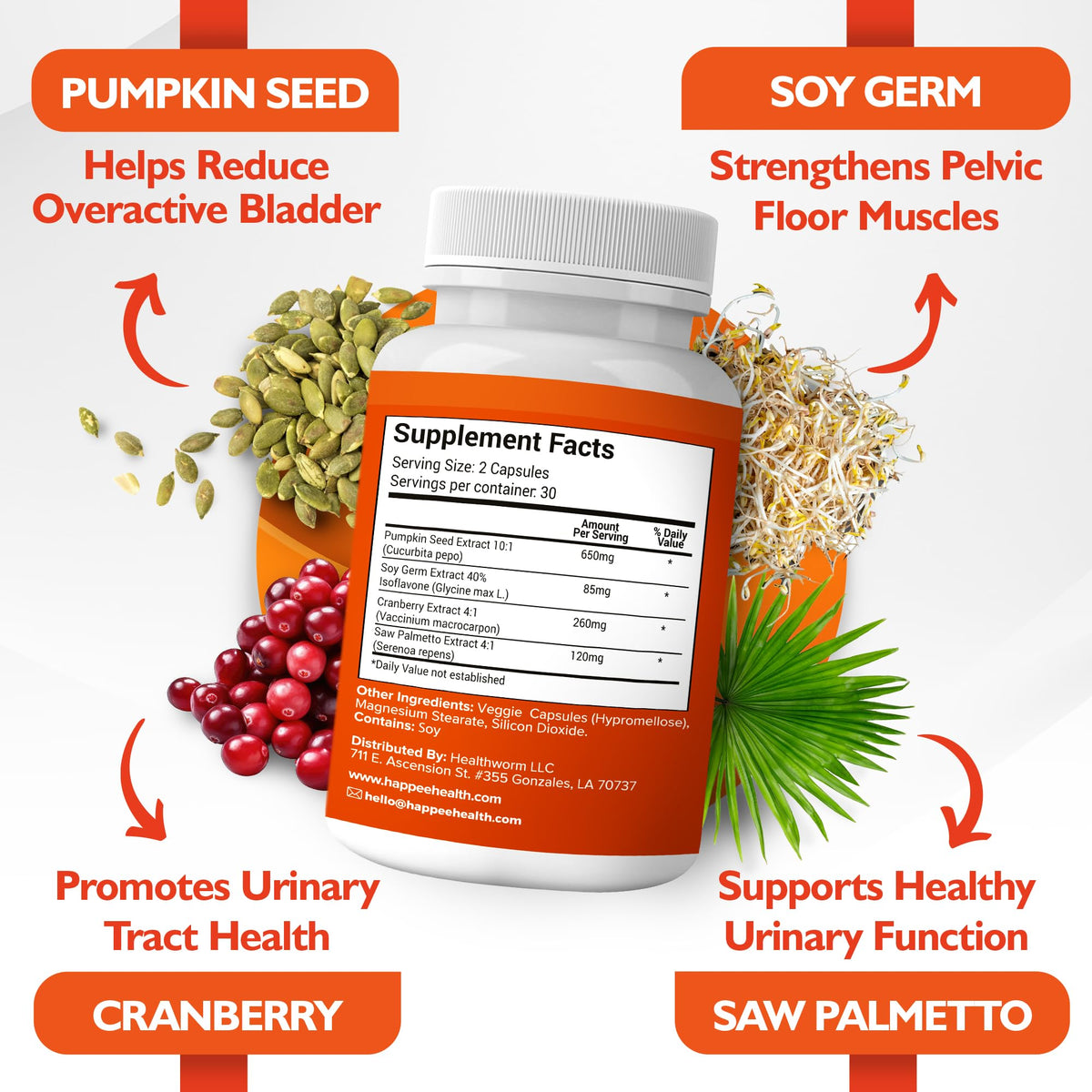 Side view of Happee premium capsule bottle highlighting third party tested non-GMO wellness verification.
