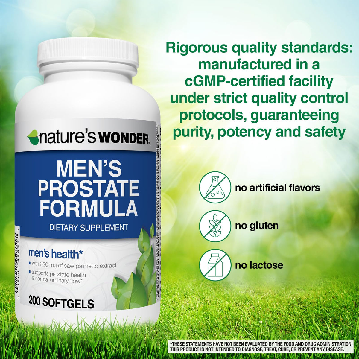 Side profile of imported Nature's Wonder men's prostate dietary supplement