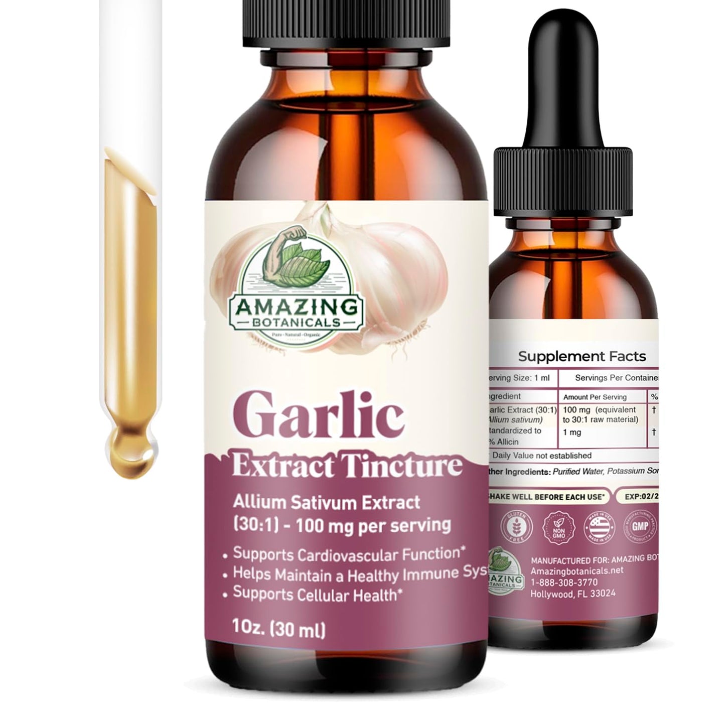 High potency liquid garlic extract 30 to 1 concentrate dropper bottle.