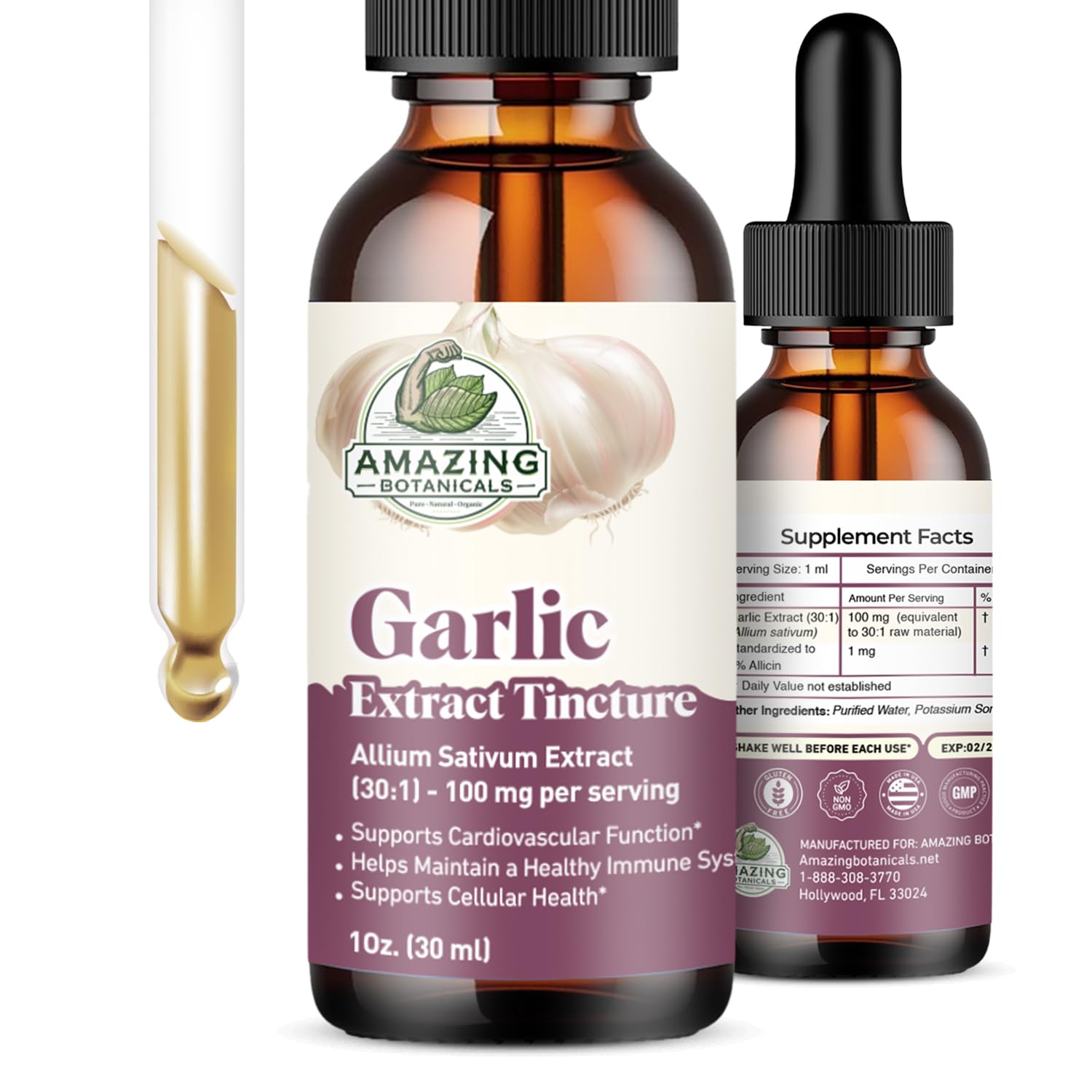 High potency liquid garlic extract 30 to 1 concentrate dropper bottle.